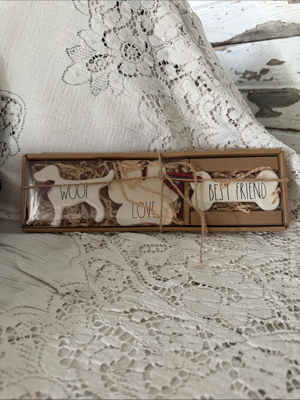 Magenta Cream Dog Ornament Trio with Red Ribbon Accents